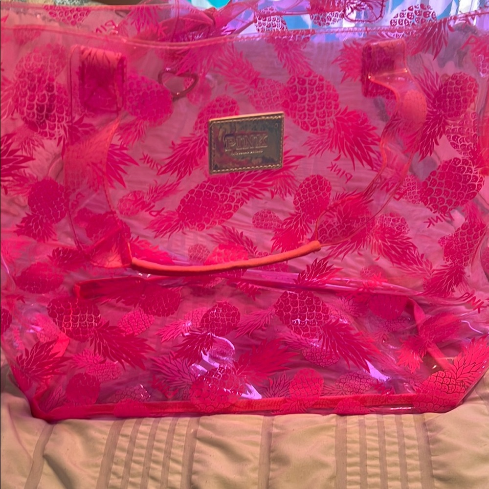 Pink Textured Tote Bag with Glossy Finish and pineapples design.